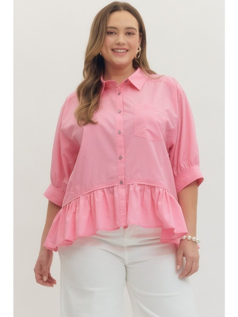 NWT Entro Solid 3/4 Sleeve Button Down Ruffle Hem in Pink Plus-Size